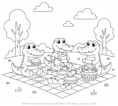 Drei Krokodile beim Picknick Ausmalbild
