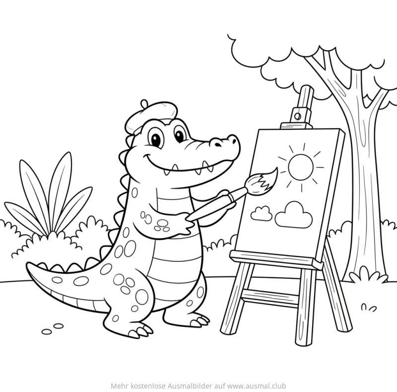 Krokodil mit Baskenmütze malt Landschaftsbild auf Staffelei Ausmalbild