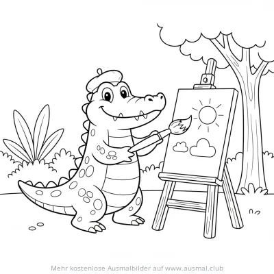 Krokodil mit Baskenmütze malt Landschaftsbild auf Staffelei Ausmalbild