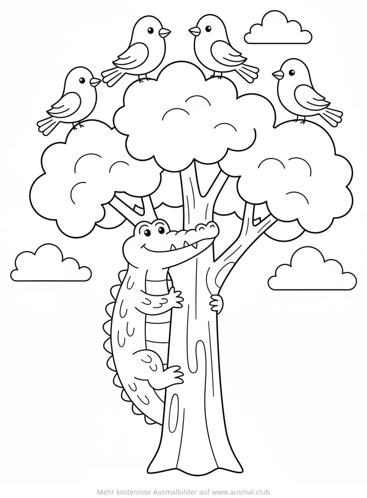 Krokodil klettert auf Baum, Vögel sitzen in Baumkrone Ausmalbild