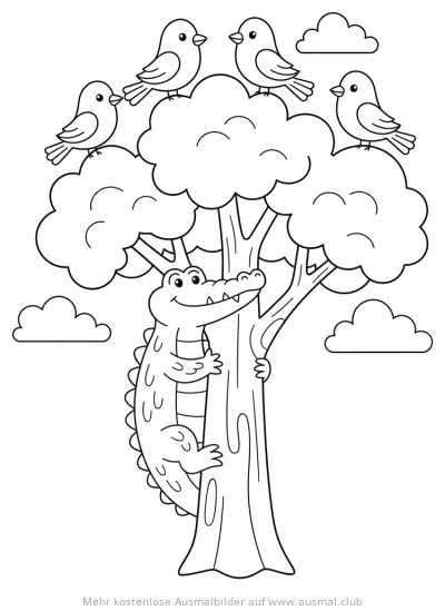 Krokodil klettert auf Baum, Vögel sitzen in Baumkrone Ausmalbild