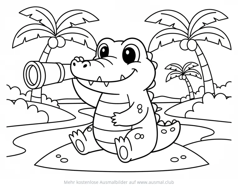 Freundliches Krokodil mit Teleskop Ausmalbild auf Insel mit Palmen