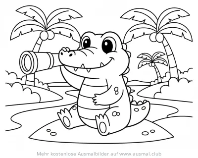 Freundliches Krokodil mit Teleskop Ausmalbild auf Insel mit Palmen
