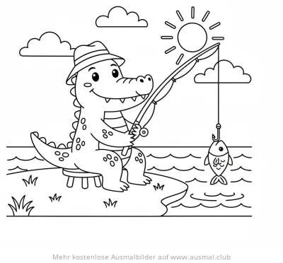 Krokodil mit Angel und Fisch Ausmalbild