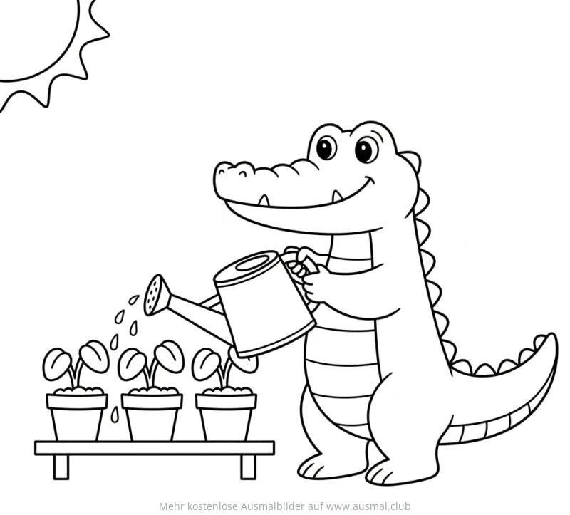Krokodil gießt Pflanzen Ausmalbild
