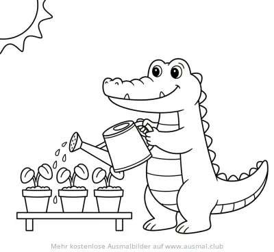 Krokodil gießt Pflanzen Ausmalbild