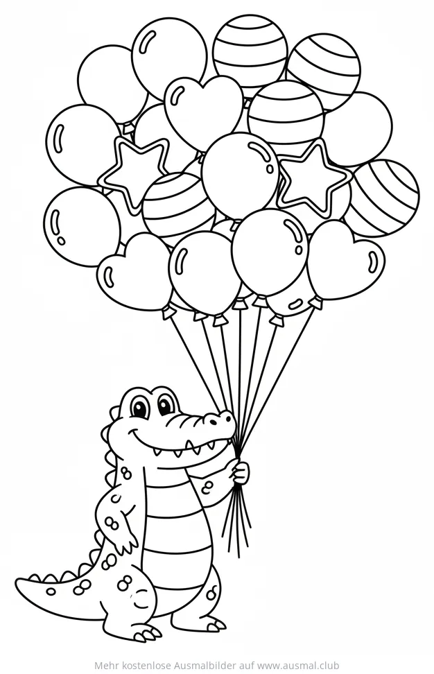 Freundliches Krokodil hält viele Ballons Ausmalbild