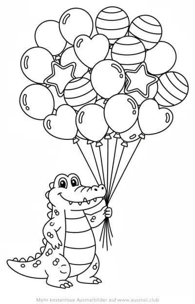 Freundliches Krokodil hält viele Ballons Ausmalbild