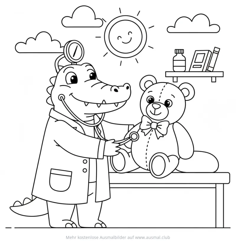 Krokodil als Arzt untersucht Teddybär Ausmalbild