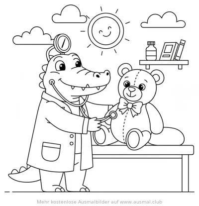 Krokodil als Arzt untersucht Teddybär Ausmalbild