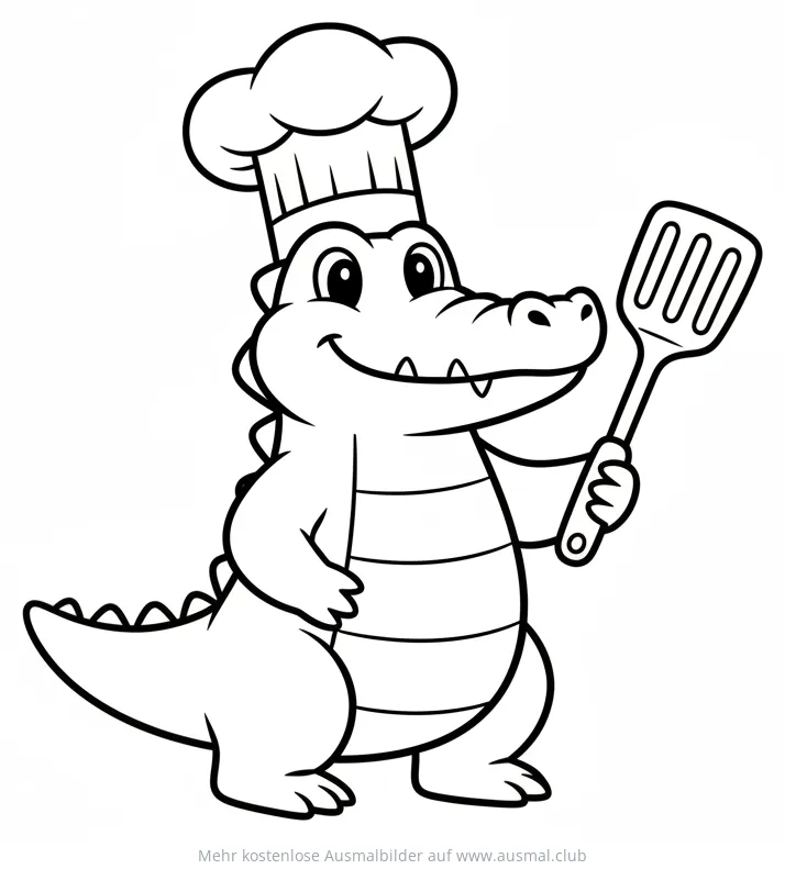 Freundliches Krokodil als Koch mit Pfannenwender Ausmalbild
