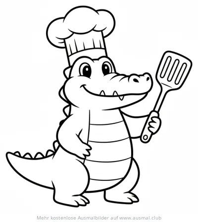 Freundliches Krokodil als Koch mit Pfannenwender Ausmalbild