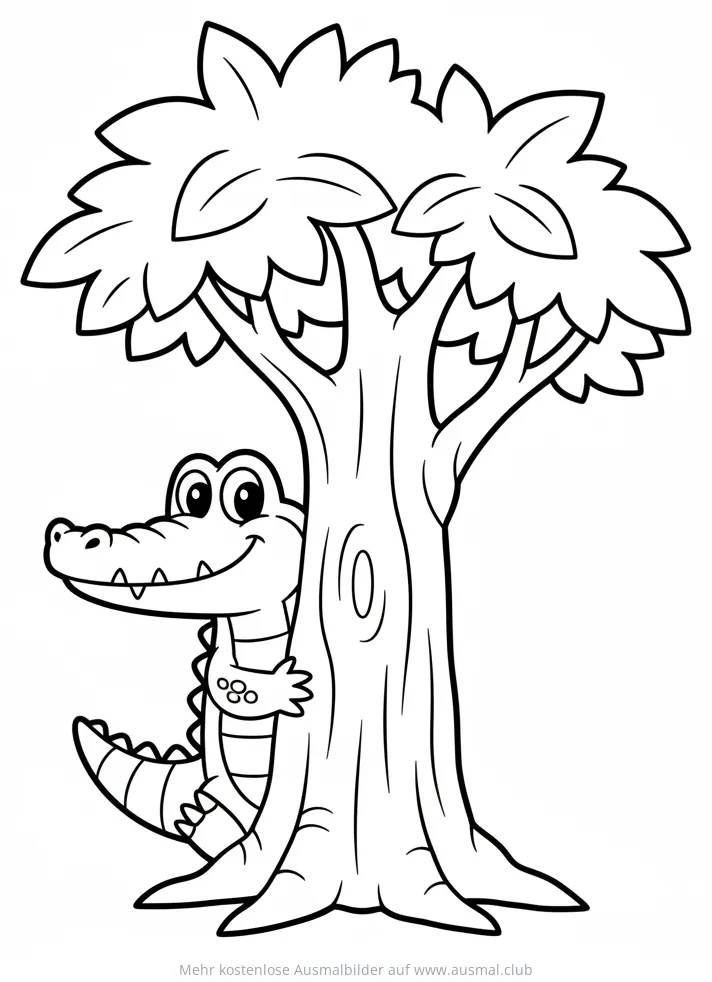 Krokodil versteckt sich hinter Baum Ausmalbild