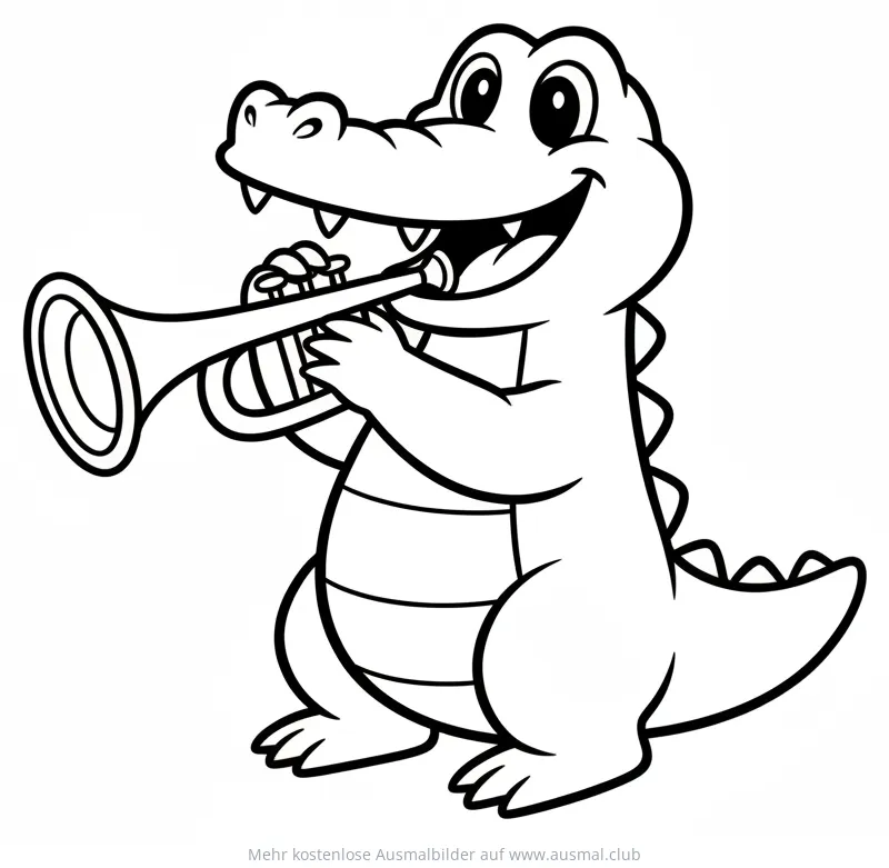 Fröhliches Krokodil spielt Trompete Ausmalbild