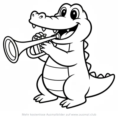 Fröhliches Krokodil spielt Trompete Ausmalbild