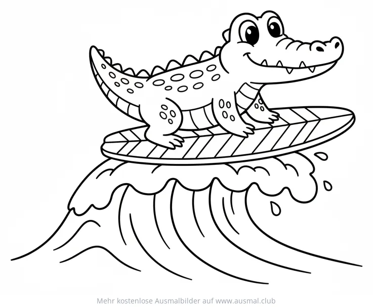 Surfendes Krokodil auf einer Welle Ausmalbild