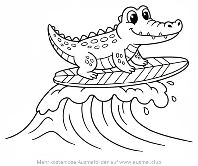 Surfendes Krokodil auf einer Welle Ausmalbild