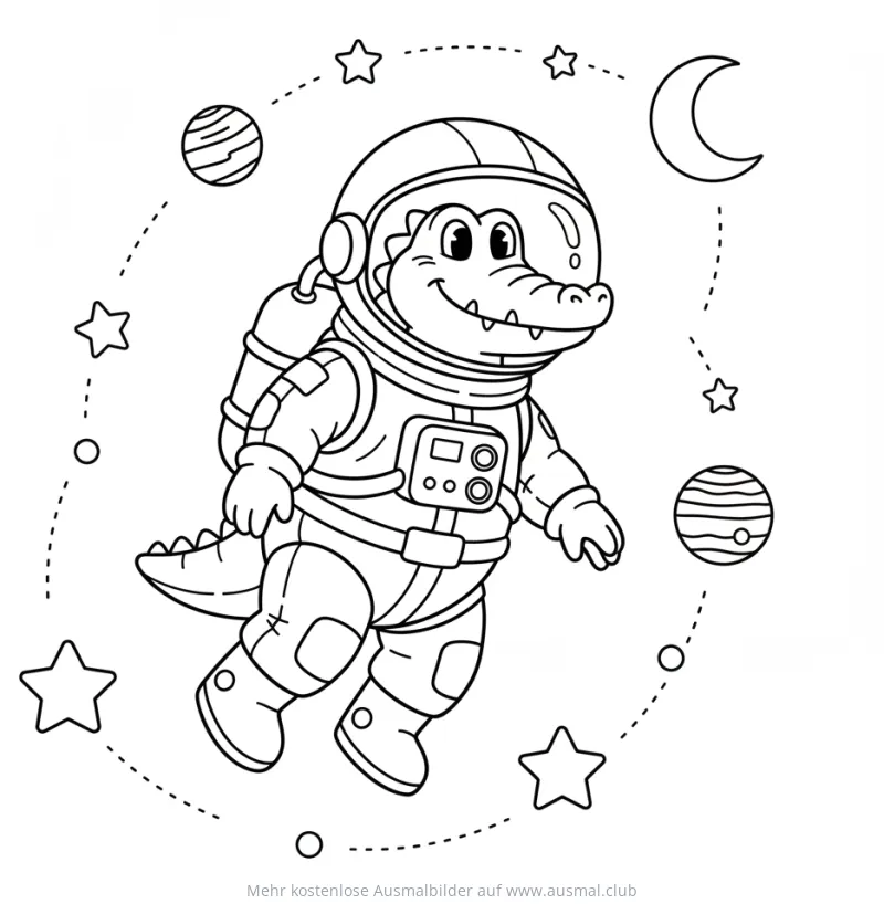 Krokodil im Astronautenanzug im Weltraum Ausmalbild