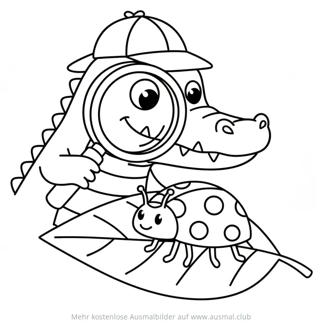 Krokodil mit Hut und Lupe betrachtet Marienkäfer Ausmalbild