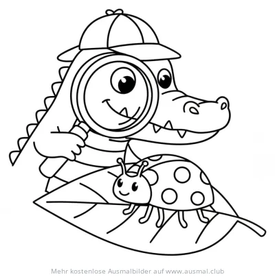 Krokodil mit Hut und Lupe betrachtet Marienkäfer Ausmalbild