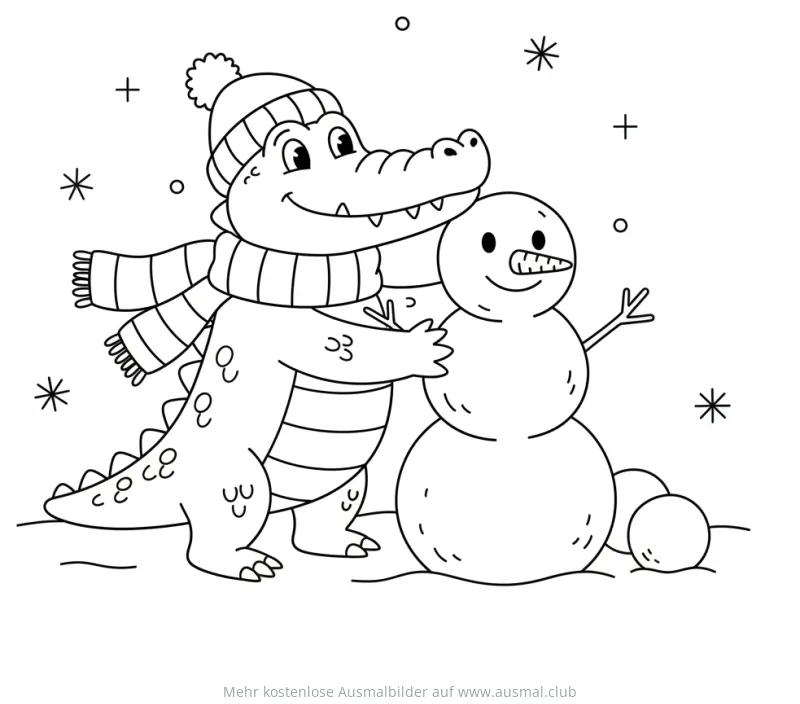 Krokodil mit Mütze und Schal umarmt Schneemann Ausmalbild