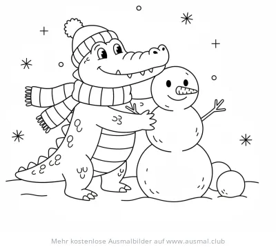 Krokodil mit Mütze und Schal umarmt Schneemann Ausmalbild