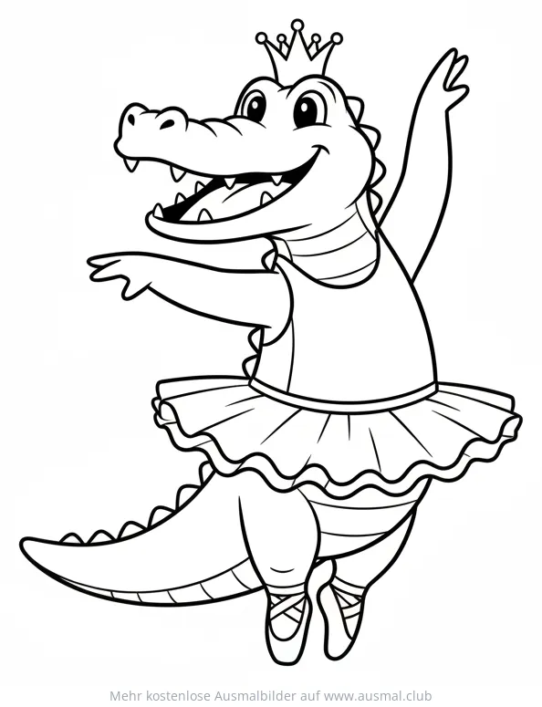 Krokodil mit Krone und Tutu tanzt Ballett Ausmalbild
