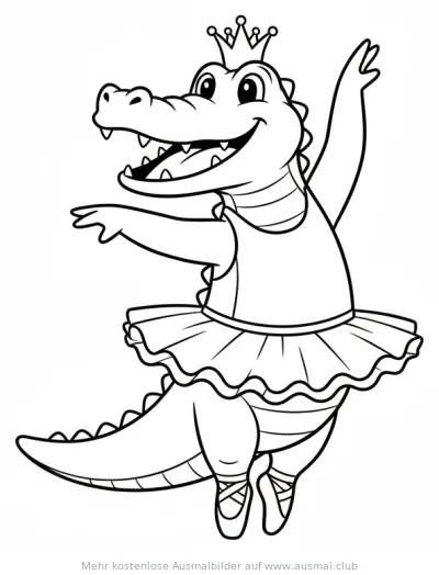 Krokodil mit Krone und Tutu tanzt Ballett Ausmalbild