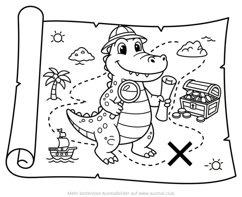 Krokodil mit Lupe und Schatzkarte Ausmalbild