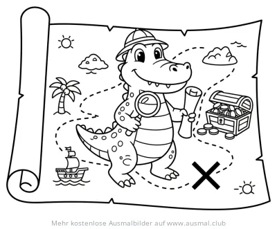 Krokodil mit Lupe und Schatzkarte Ausmalbild