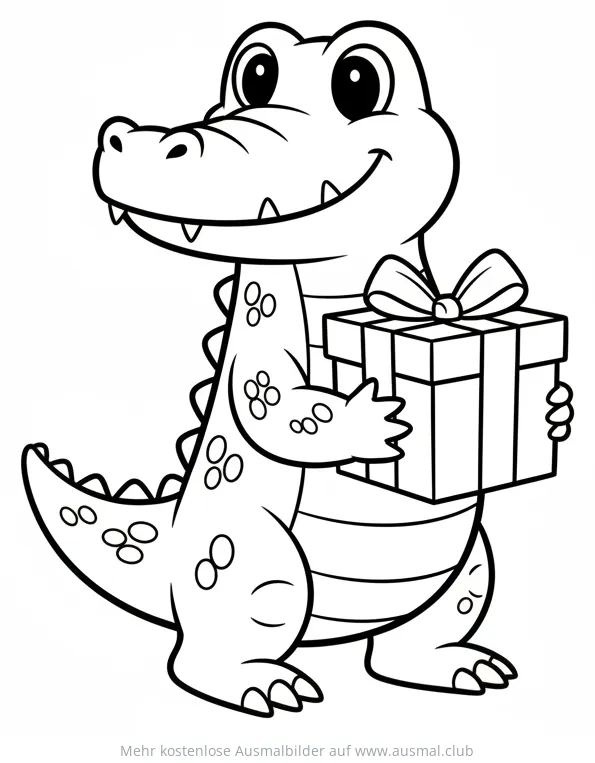 Freundliches Krokodil mit Geschenk Ausmalbild