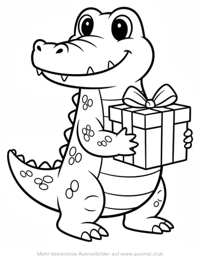 Freundliches Krokodil mit Geschenk Ausmalbild