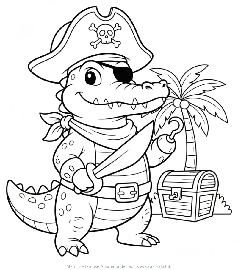 Krokodil als Pirat mit Schatzkiste und Palme Ausmalbild