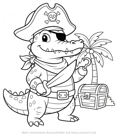 Krokodil als Pirat mit Schatzkiste und Palme Ausmalbild