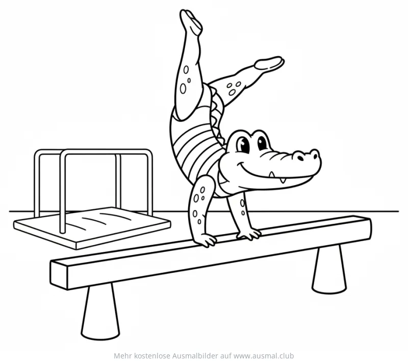 Turnendes Krokodil macht Handstand auf Schwebebalken Ausmalbild