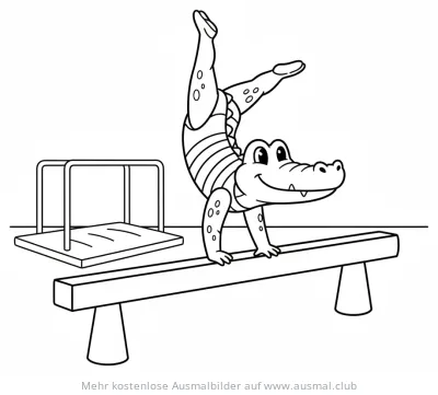 Turnendes Krokodil macht Handstand auf Schwebebalken Ausmalbild