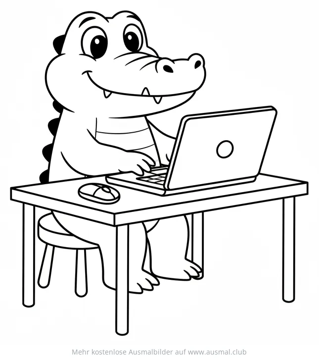 Krokodil sitzt am Computer und tippt, Ausmalbild