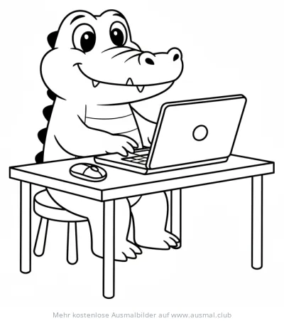 Krokodil sitzt am Computer und tippt, Ausmalbild