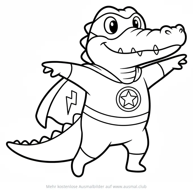 Krokodil Superheld Ausmalbild mit Umhang und Stern-Emblem