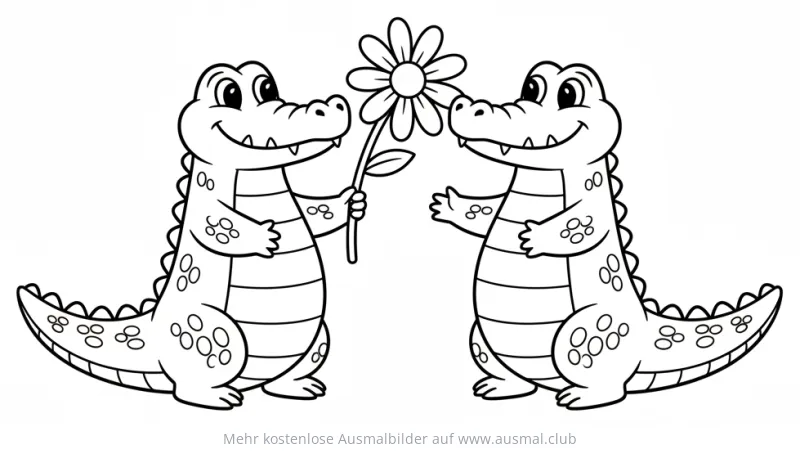 Zwei Krokodile überreichen sich gegenseitig eine Blume Ausmalbild