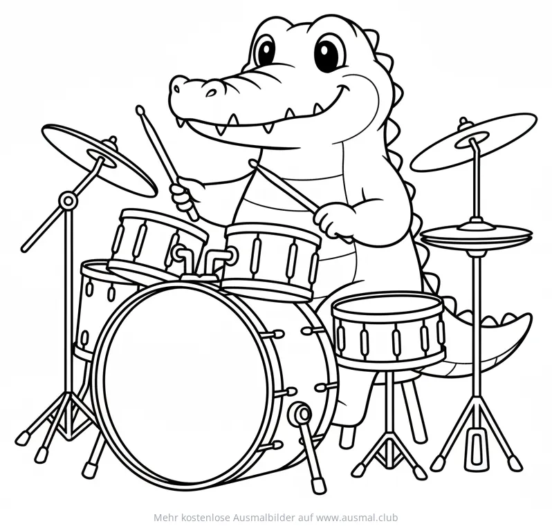 Krokodil spielt Schlagzeug Ausmalbild