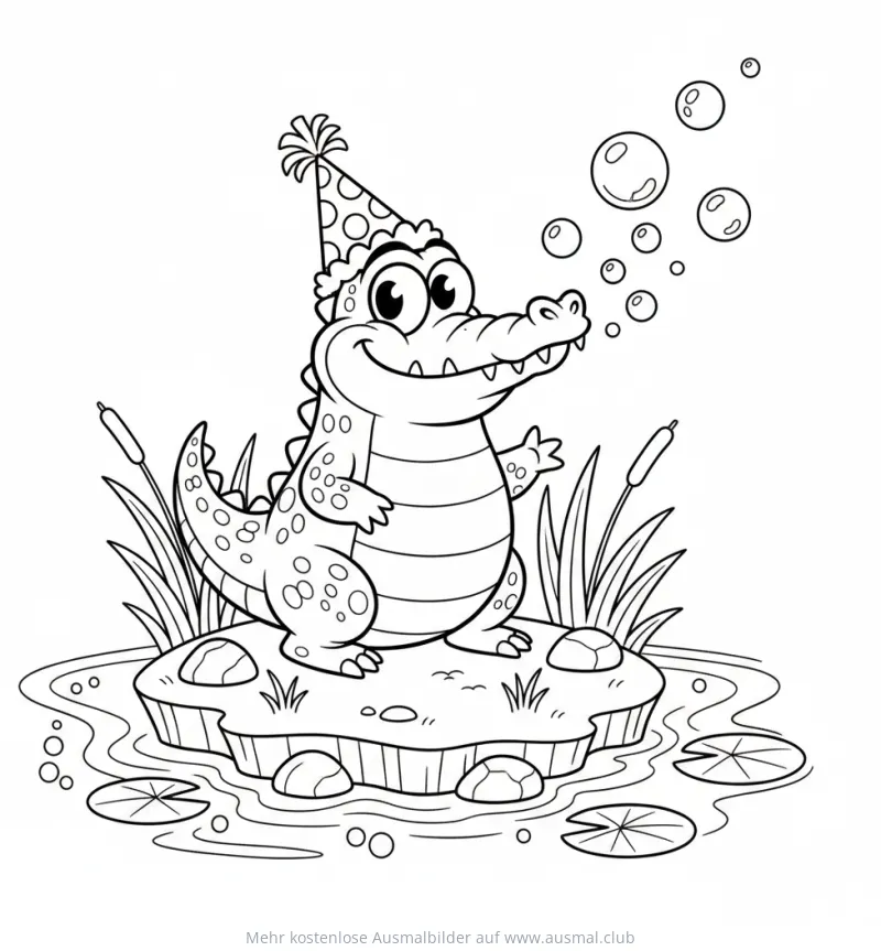 Fröhliches Krokodil mit Partyhut pustet Seifenblasen auf einer Insel Ausmalbild