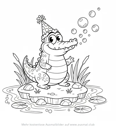 Fröhliches Krokodil mit Partyhut pustet Seifenblasen auf einer Insel Ausmalbild