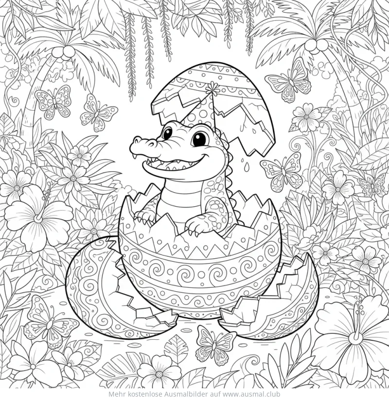 Krokodil schlüpft aus Osterei Ausmalbild