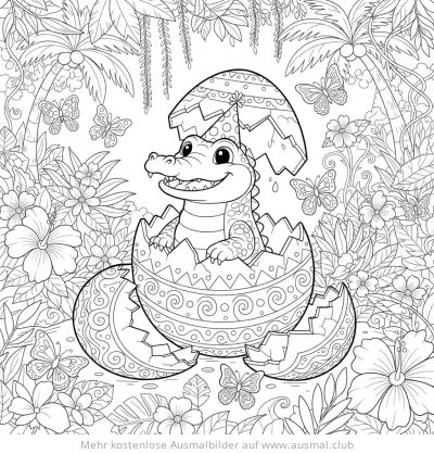 Krokodil schlüpft aus Osterei Ausmalbild