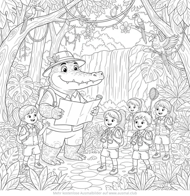 Krokodil führt Kinder durch Dschungel Ausmalbild