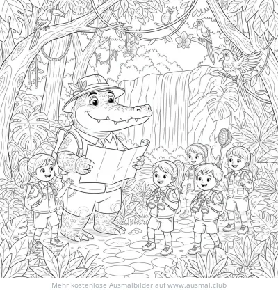 Krokodil führt Kinder durch Dschungel Ausmalbild