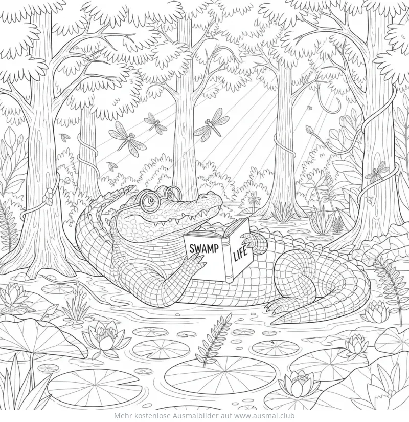 Krokodil liest Buch im Sumpf Ausmalbild