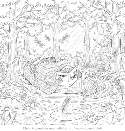 Krokodil liest Buch im Sumpf Ausmalbild