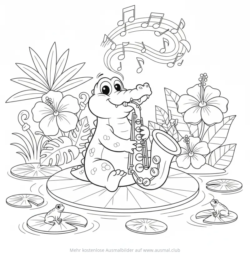 Krokodil spielt Saxophon Ausmalbild mit Musiknoten, Hibiskus und Fröschen